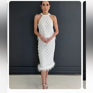 White Halter Top and Midi Skirt with Feather Trim